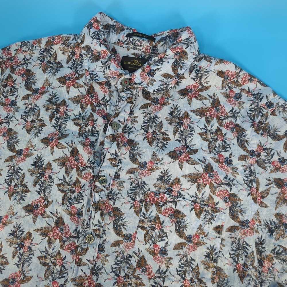 Rodd & Gunn Mens Blue Floral 100% Linen Short Sleeve Button Down Shirt Large